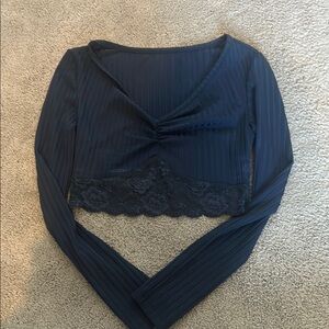 SHEIN Navy Blue Lace Trim Crop Top